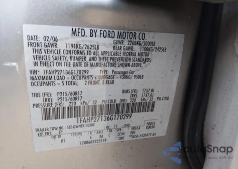 2006 Ford Five Hundred Sel z USA, uszkodzony, nr VIN 1FAHP27136G170299